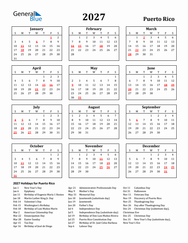2027 Puerto Rico Holiday Calendar - Sunday Start