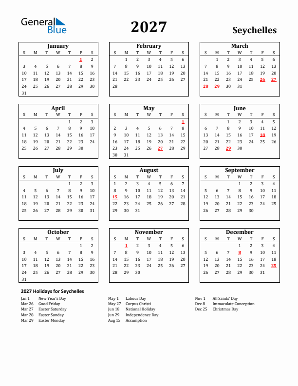 2027 Seychelles Holiday Calendar - Sunday Start