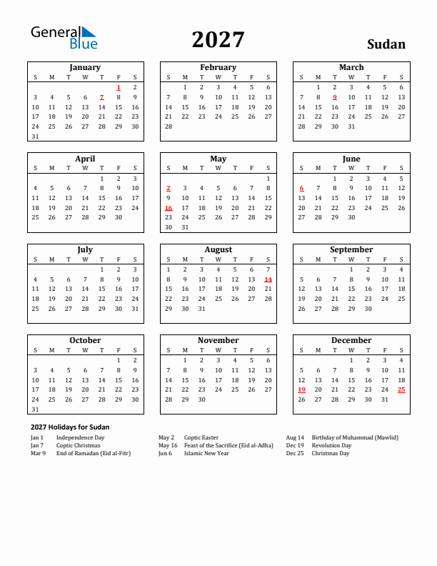 2027 Sudan Holiday Calendar - Sunday Start