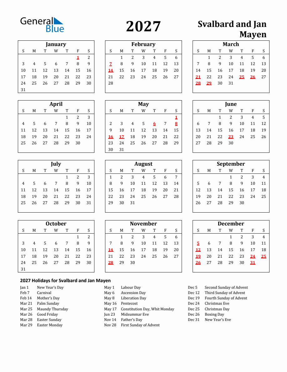Free Printable 2027 Svalbard and Jan Mayen Holiday Calendar