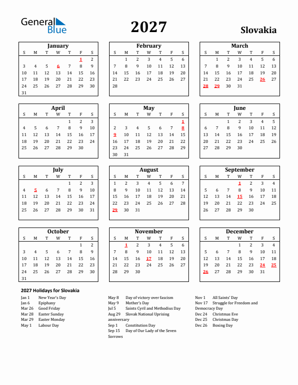 2027 Slovakia Holiday Calendar - Sunday Start