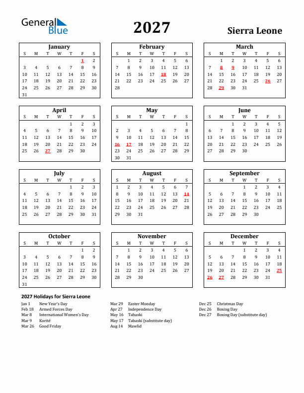 2027 Sierra Leone Holiday Calendar - Sunday Start