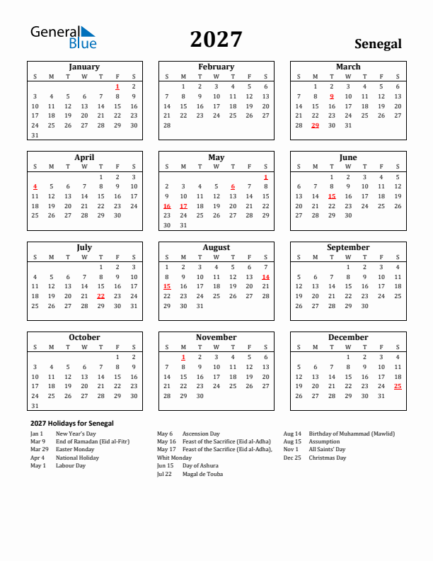 2027 Senegal Holiday Calendar - Sunday Start