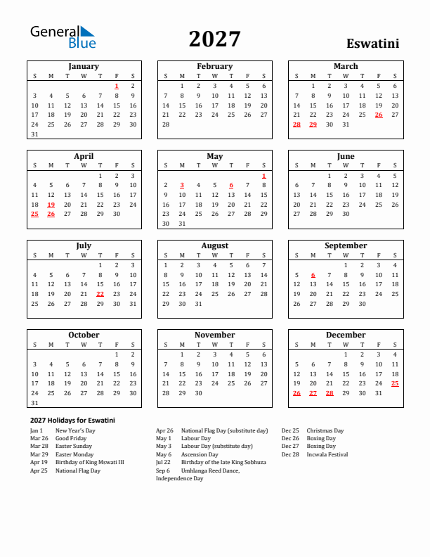 2027 Eswatini Holiday Calendar - Sunday Start