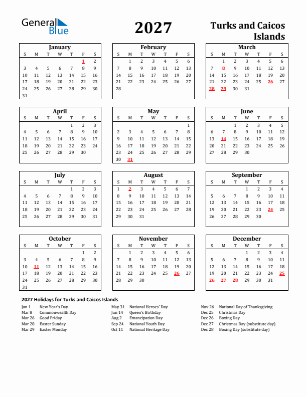 2027 Turks and Caicos Islands Holiday Calendar - Sunday Start