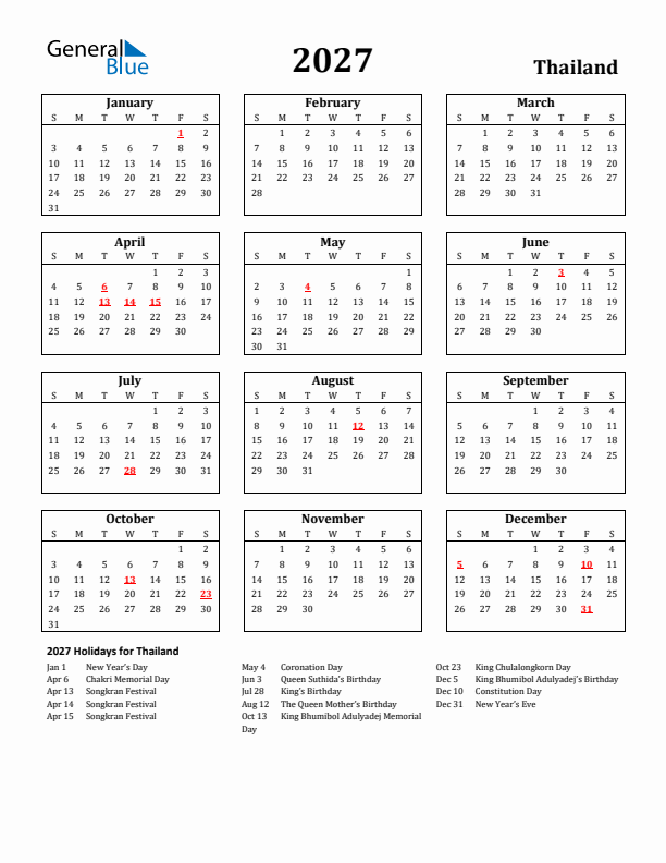 2027 Thailand Holiday Calendar - Sunday Start