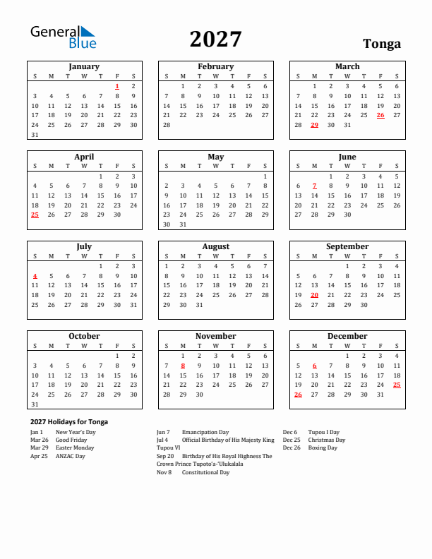 2027 Tonga Holiday Calendar - Sunday Start