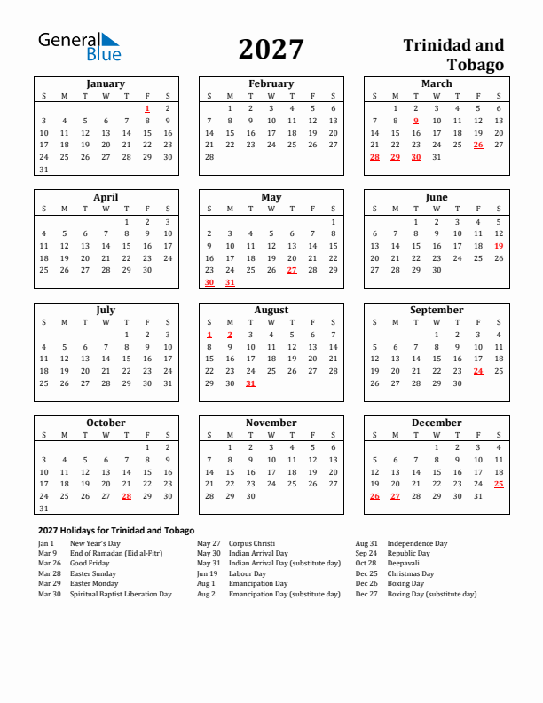 2027 Trinidad and Tobago Holiday Calendar - Sunday Start