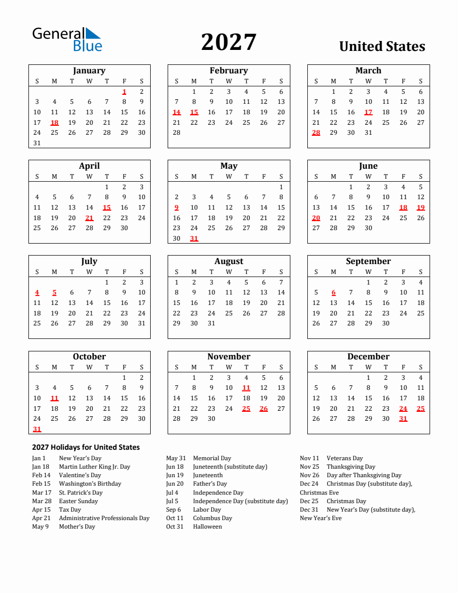 Free Printable 2027 United States - 2027 Calendar Streamlined With Holidays Portrait Sunday Start En Us 918x1188 