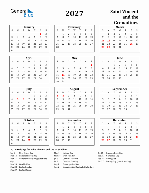 2027 Saint Vincent and the Grenadines Holiday Calendar - Sunday Start