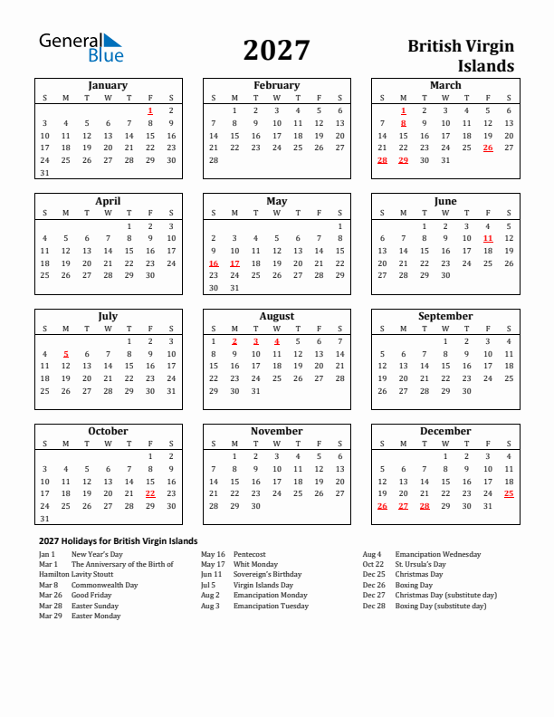 2027 British Virgin Islands Holiday Calendar - Sunday Start