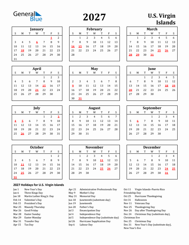 2027 U.S. Virgin Islands Holiday Calendar - Sunday Start