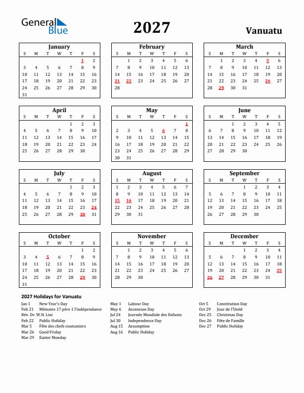 2027 Vanuatu Holiday Calendar - Sunday Start