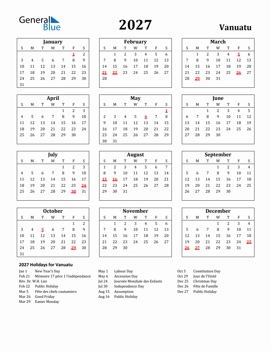 Free Printable 2027 Vanuatu Holiday Calendar