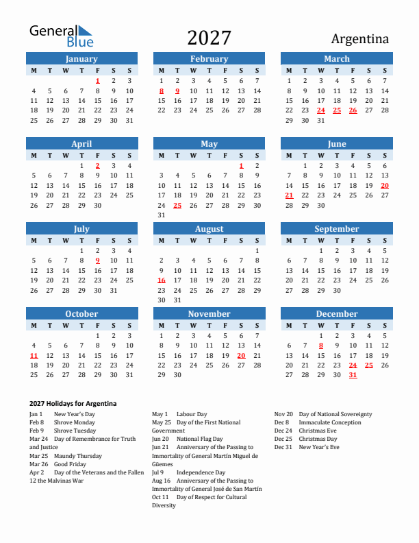 Printable Calendar 2027 with Argentina Holidays (Monday Start)