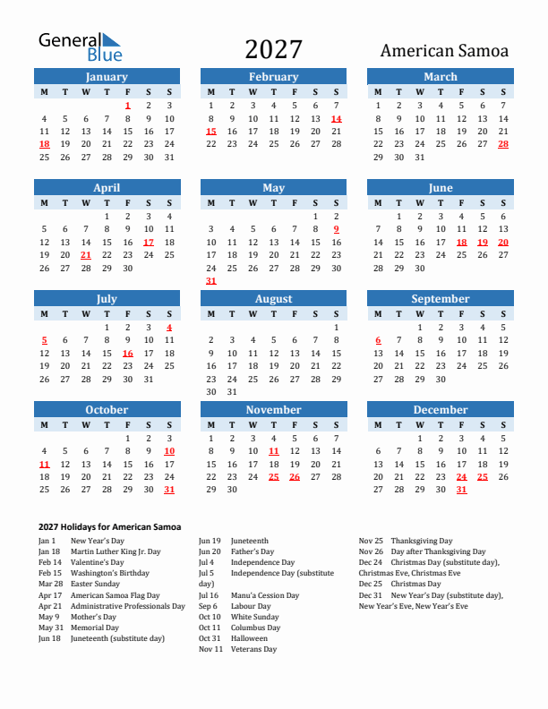 Printable Calendar 2027 with American Samoa Holidays (Monday Start)