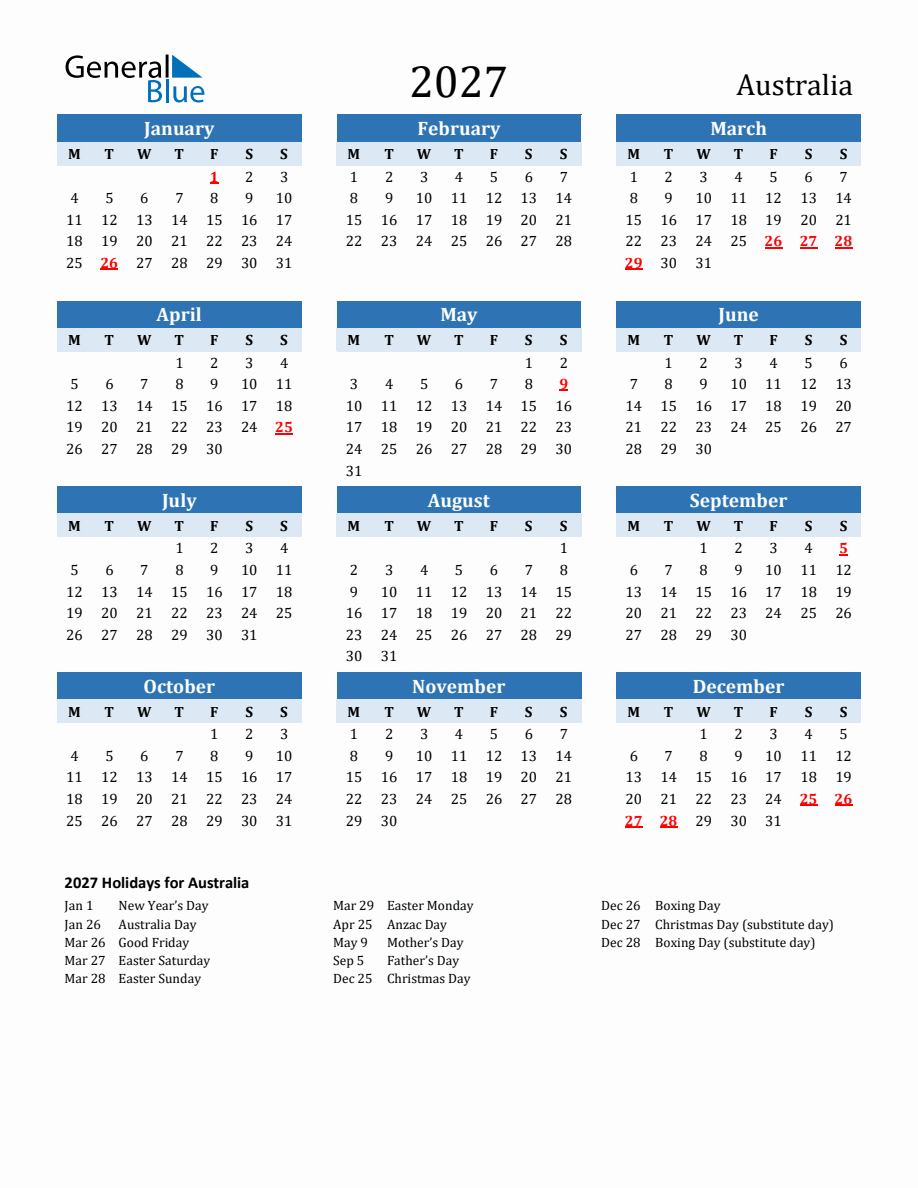 2027 Printable Calendar with Australia Holidays - Monday Start