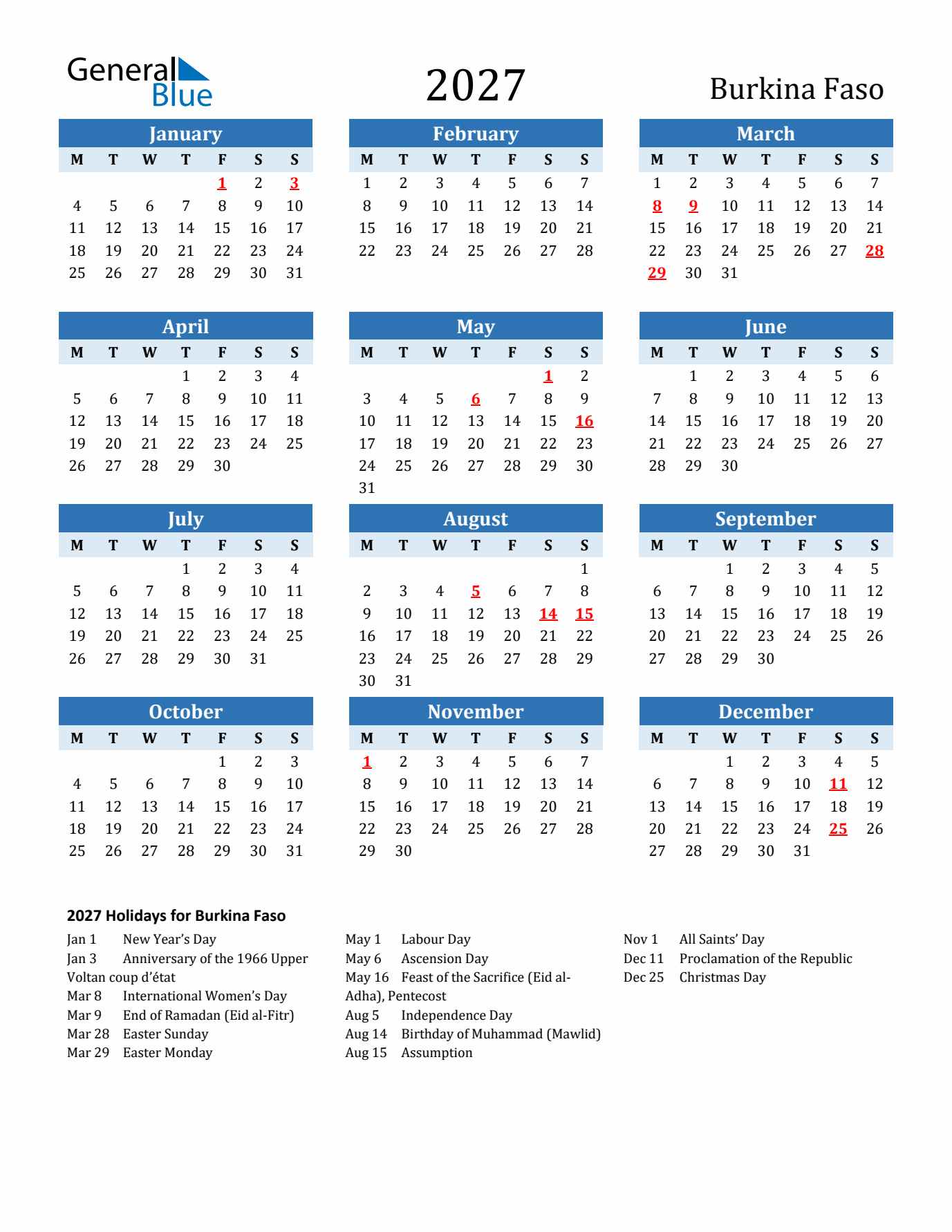 Printable Calendar 2027 with Burkina Faso Holidays (Monday Start)
