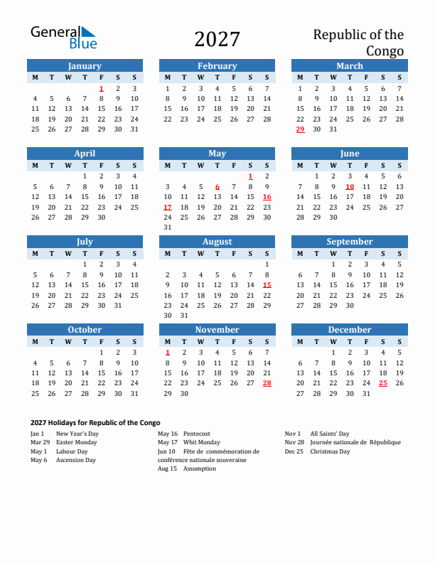 Printable Calendar 2027 with Republic of the Congo Holidays (Monday Start)