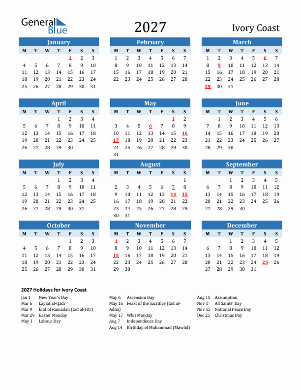 Printable Calendar 2027 with Ivory Coast Holidays (Monday Start)