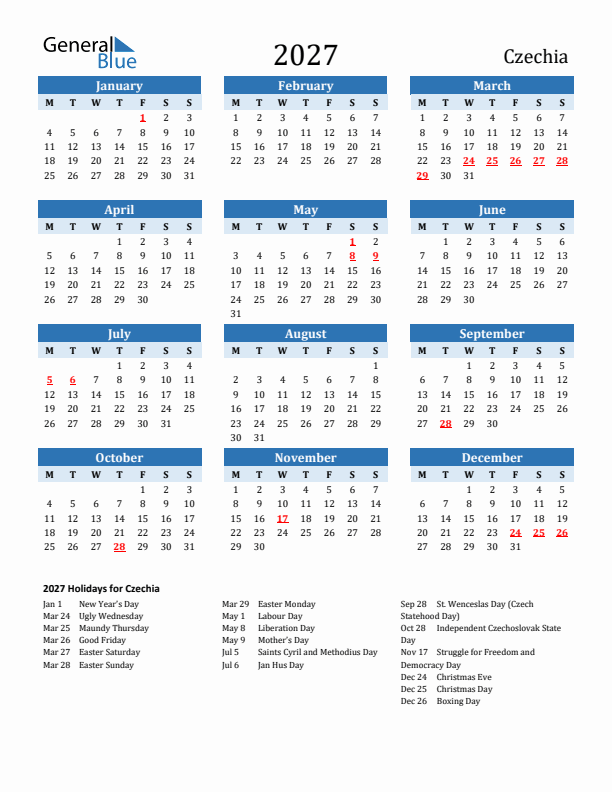 Printable Calendar 2027 with Czechia Holidays (Monday Start)