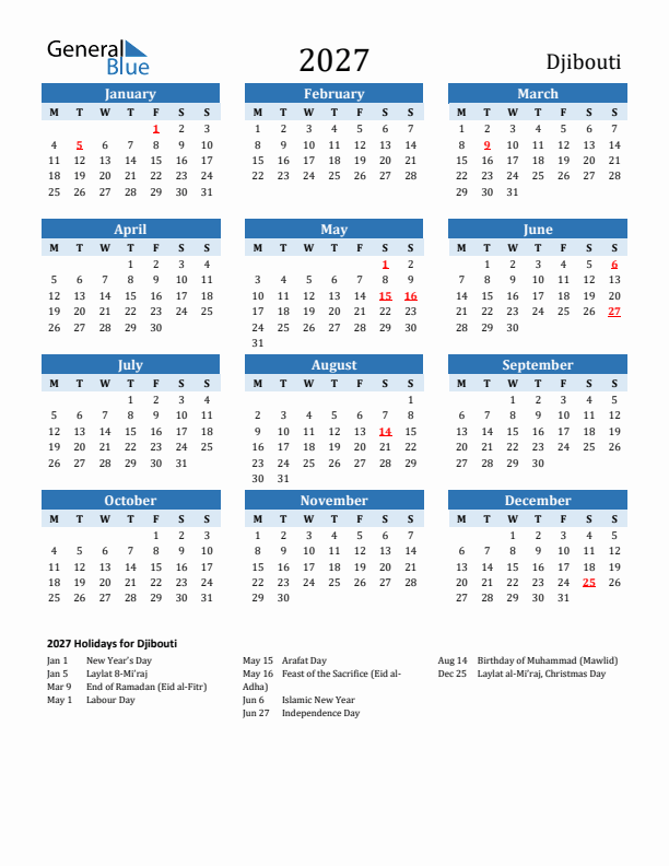 Printable Calendar 2027 with Djibouti Holidays (Monday Start)