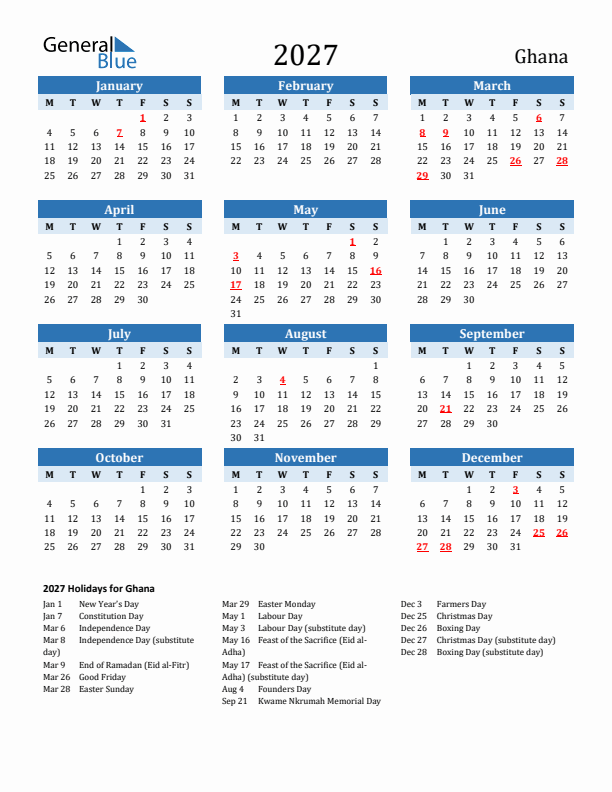 Printable Calendar 2027 with Ghana Holidays (Monday Start)