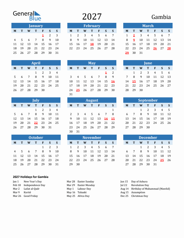 Printable Calendar 2027 with Gambia Holidays (Monday Start)