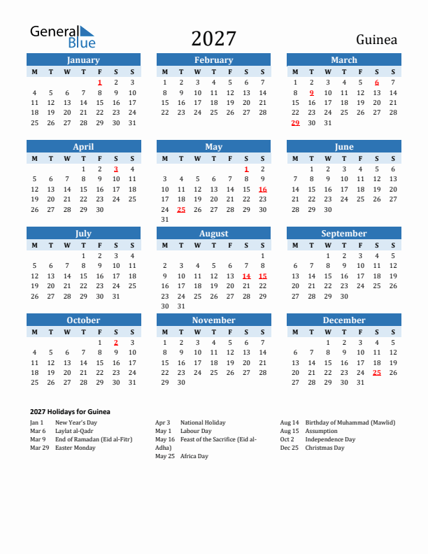 Printable Calendar 2027 with Guinea Holidays (Monday Start)