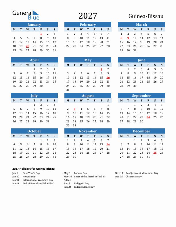 Printable Calendar 2027 with Guinea-Bissau Holidays (Monday Start)