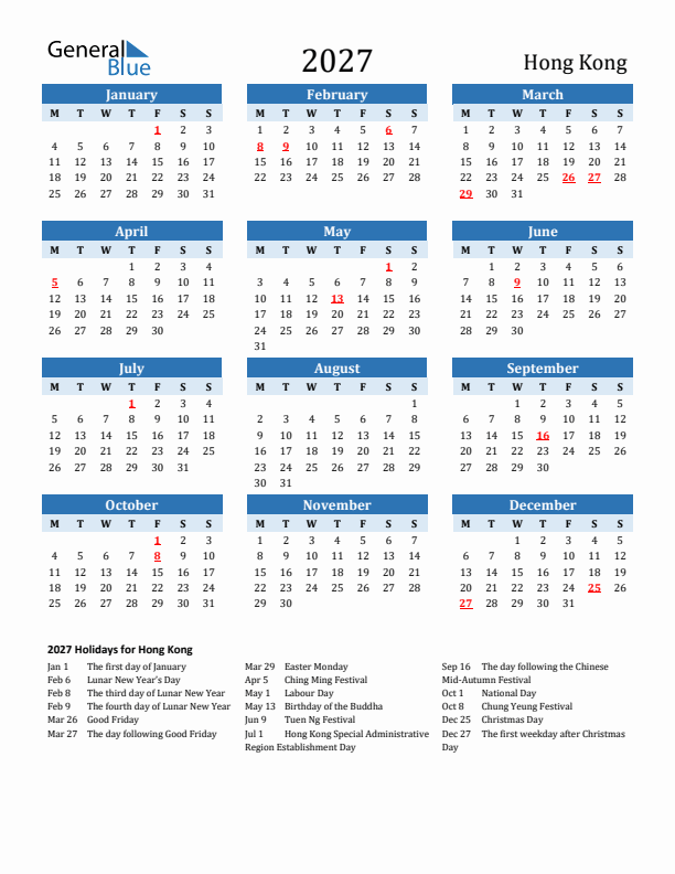 Printable Calendar 2027 with Hong Kong Holidays (Monday Start)