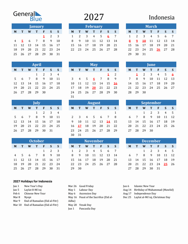 Printable Calendar 2027 with Indonesia Holidays (Monday Start)