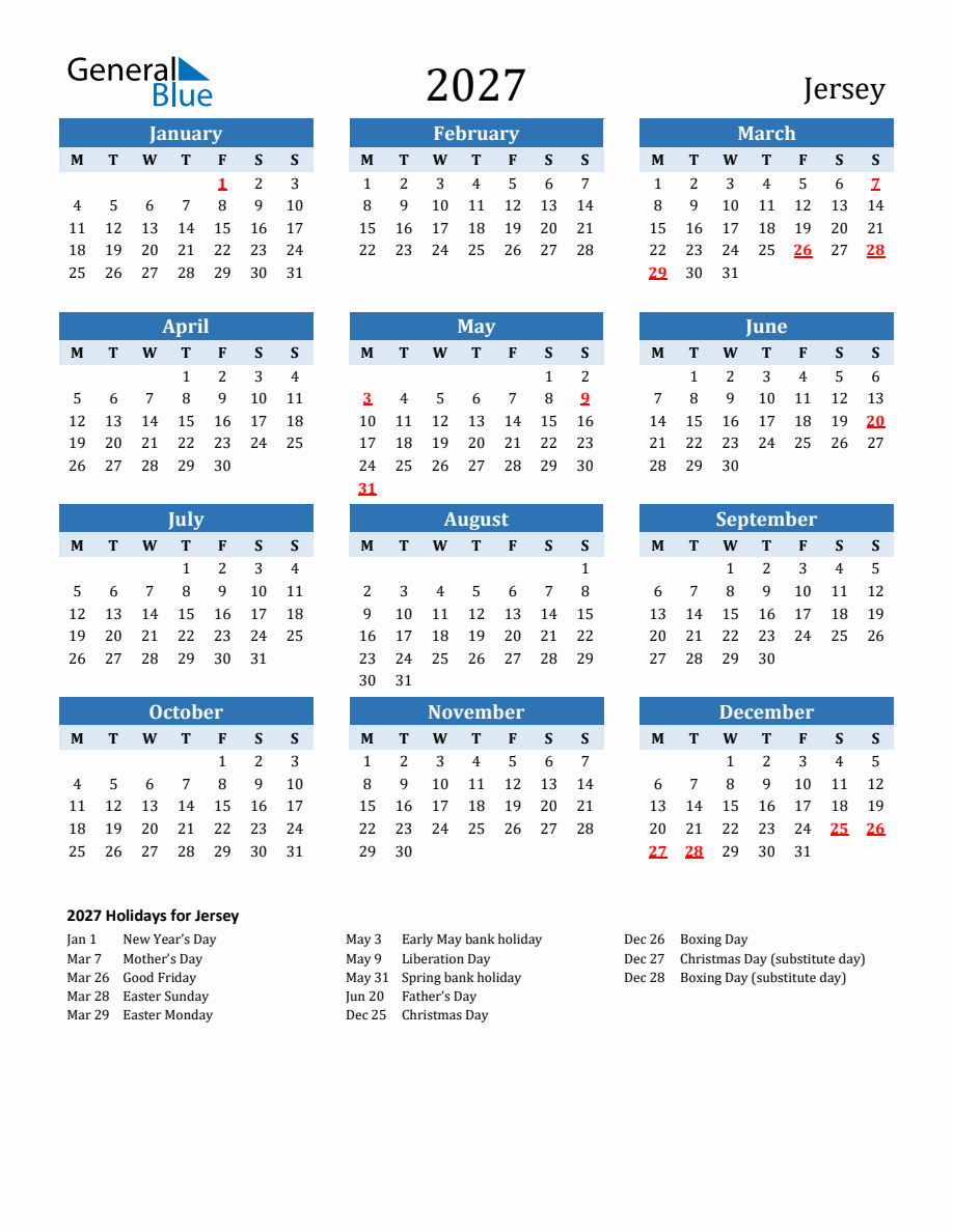 2027 Printable Calendar with Jersey Holidays - Monday Start
