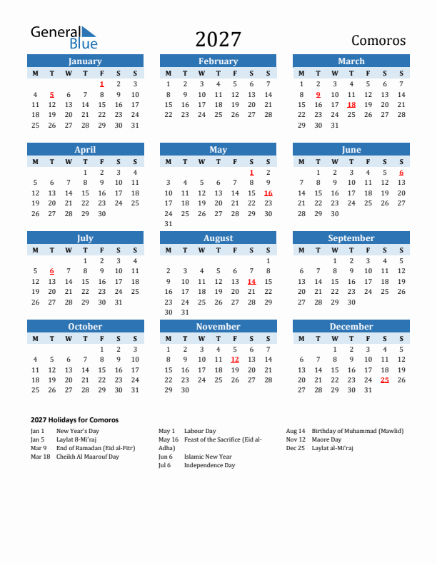 Printable Calendar 2027 with Comoros Holidays (Monday Start)