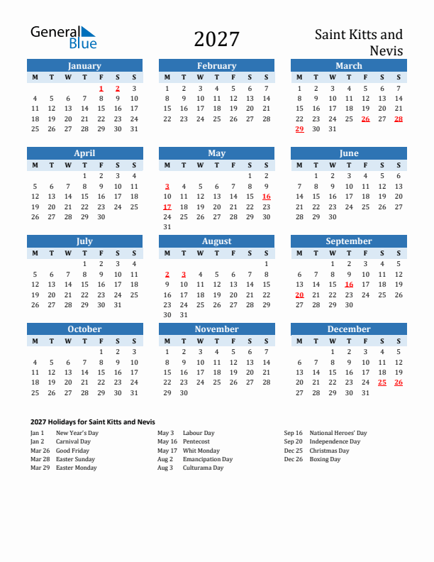 Printable Calendar 2027 with Saint Kitts and Nevis Holidays (Monday Start)