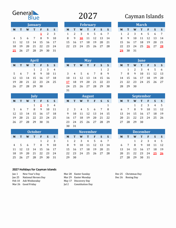 Printable Calendar 2027 with Cayman Islands Holidays (Monday Start)