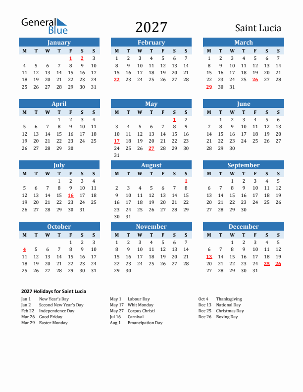 Printable Calendar 2027 with Saint Lucia Holidays (Monday Start)