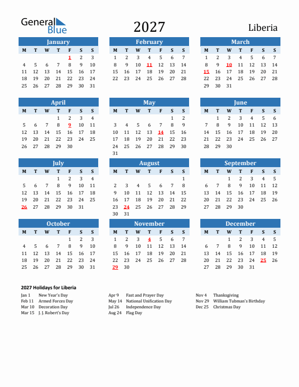 Printable Calendar 2027 with Liberia Holidays (Monday Start)