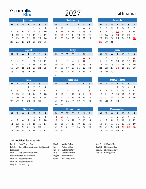 Printable Calendar 2027 with Lithuania Holidays (Monday Start)