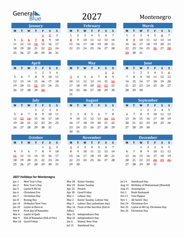 Printable Calendar 2027 with Montenegro Holidays (Monday Start)