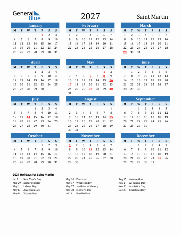 Printable Calendar 2027 with Saint Martin Holidays (Monday Start)