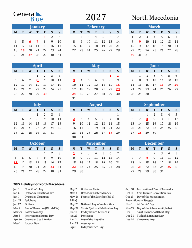 Printable Calendar 2027 with North Macedonia Holidays (Monday Start)