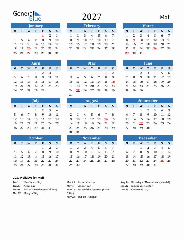 Printable Calendar 2027 with Mali Holidays (Monday Start)