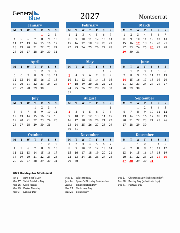 Printable Calendar 2027 with Montserrat Holidays (Monday Start)