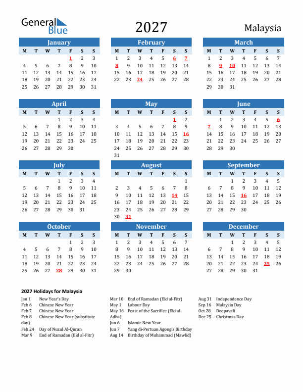 Printable Calendar 2027 with Malaysia Holidays (Monday Start)