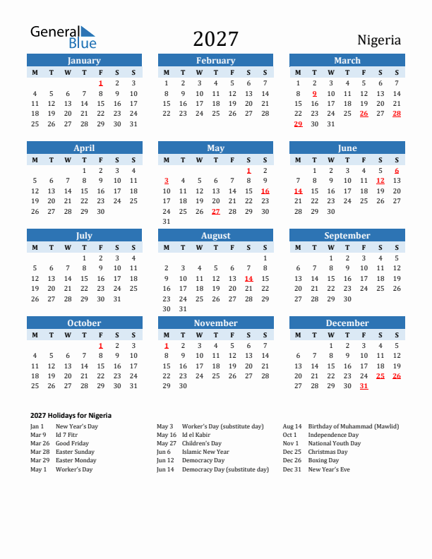 Printable Calendar 2027 with Nigeria Holidays (Monday Start)