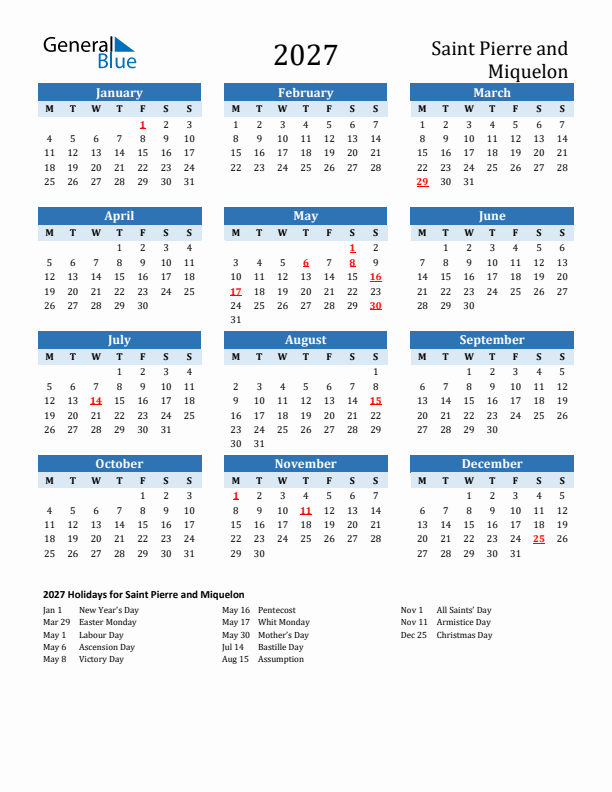 Printable Calendar 2027 with Saint Pierre and Miquelon Holidays (Monday Start)