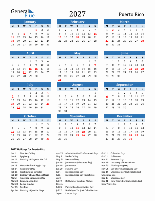 Printable Calendar 2027 with Puerto Rico Holidays (Monday Start)