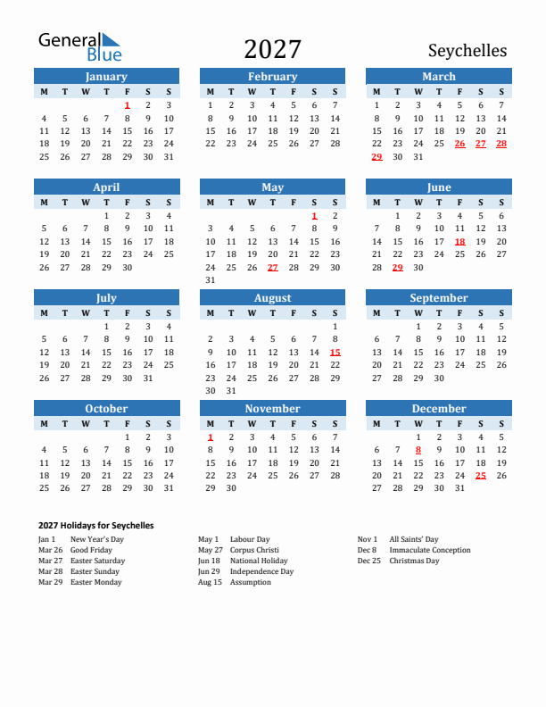Printable Calendar 2027 with Seychelles Holidays (Monday Start)