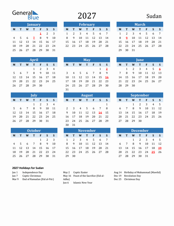Printable Calendar 2027 with Sudan Holidays (Monday Start)